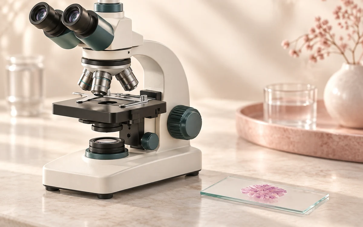 Microscope et lame de verre évoquant l’analyse d’un prélèvement au laboratoire, illustration médicale douce sans anatomie.