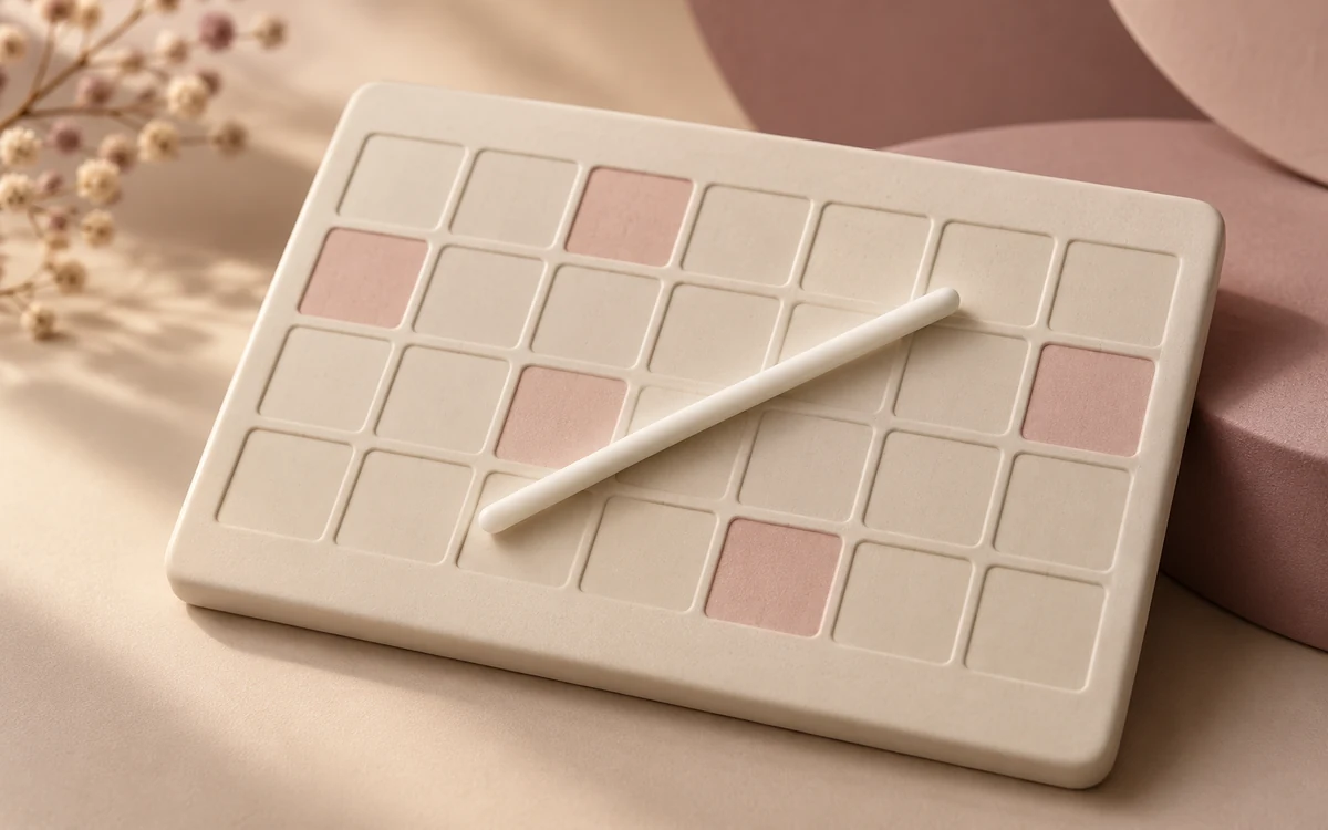 Illustration conceptuelle d’un petit bâtonnet contraceptif sur un calendrier sans texte aux cases rose pâle