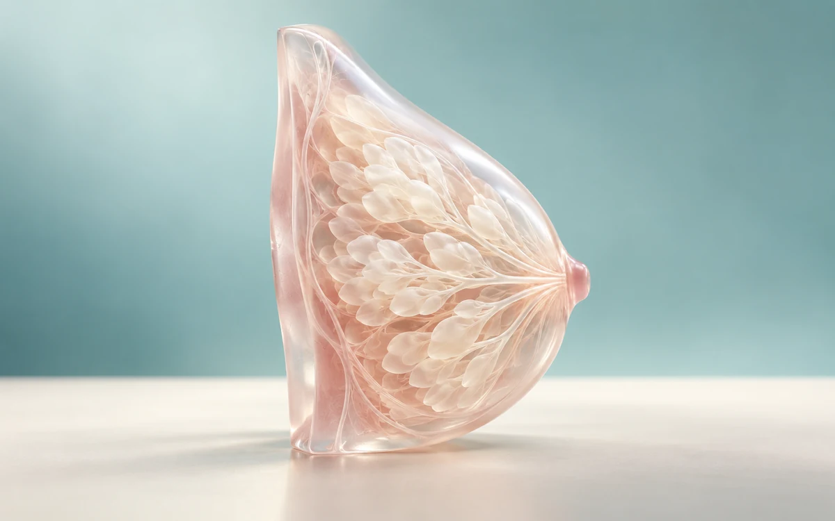 Modèle conceptuel délicat du sein en verre rosé translucide, évoquant le tissu glandulaire sans représenter une lésion.
