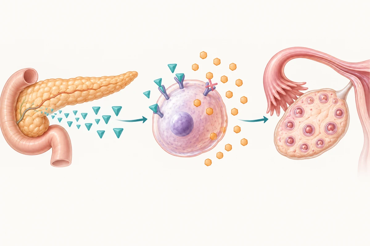 Schéma conceptuel : une réponse diminuée des cellules à l’insuline peut conduire le pancréas à en produire davantage. Le lien avec les hormones ovariennes varie selon les patientes.