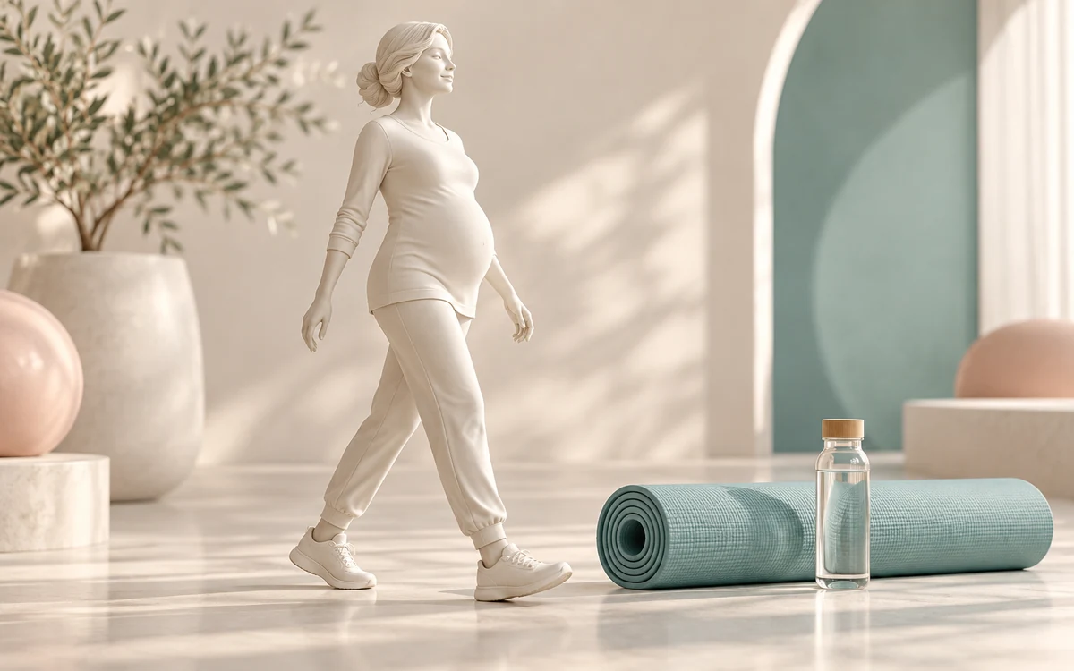 Statuette de femme enceinte en marche, tapis d’exercice et bouteille d’eau dans un décor doux.